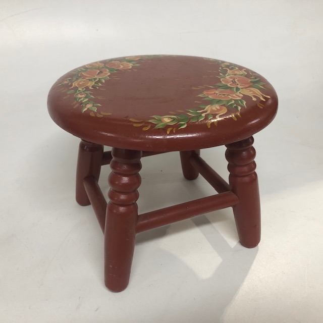 STOOL, Wooden w Painted Flowers - Ex Small 17cm H x 21cm D